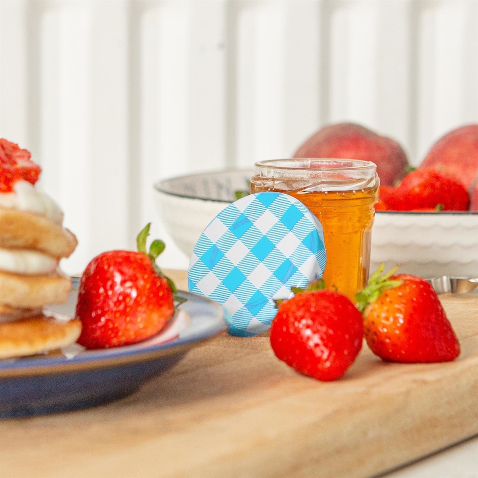 image 1 of Argon Tableware Glass Jam Jars with Blue Gingham Lids - 30ml - Pack of 6