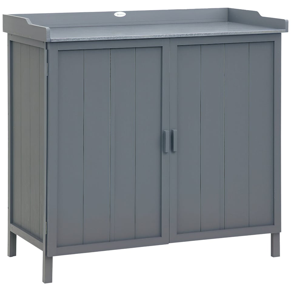image 1 of Outsunny Garden Storage Cabinet Potting Bench Table with Galvanized Top, Grey