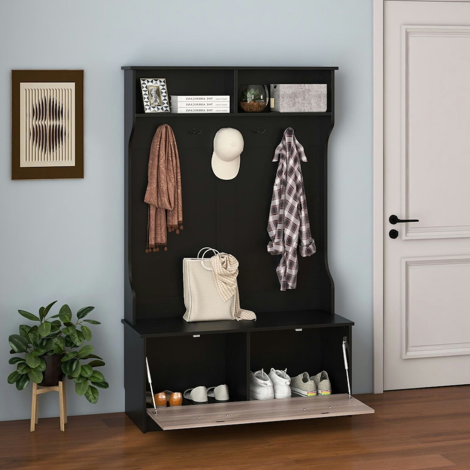 image 1 of COSTWAY 3-in-1 Freestanding Hall Coat Rack Stand Shoe Bench Black Black | One Size