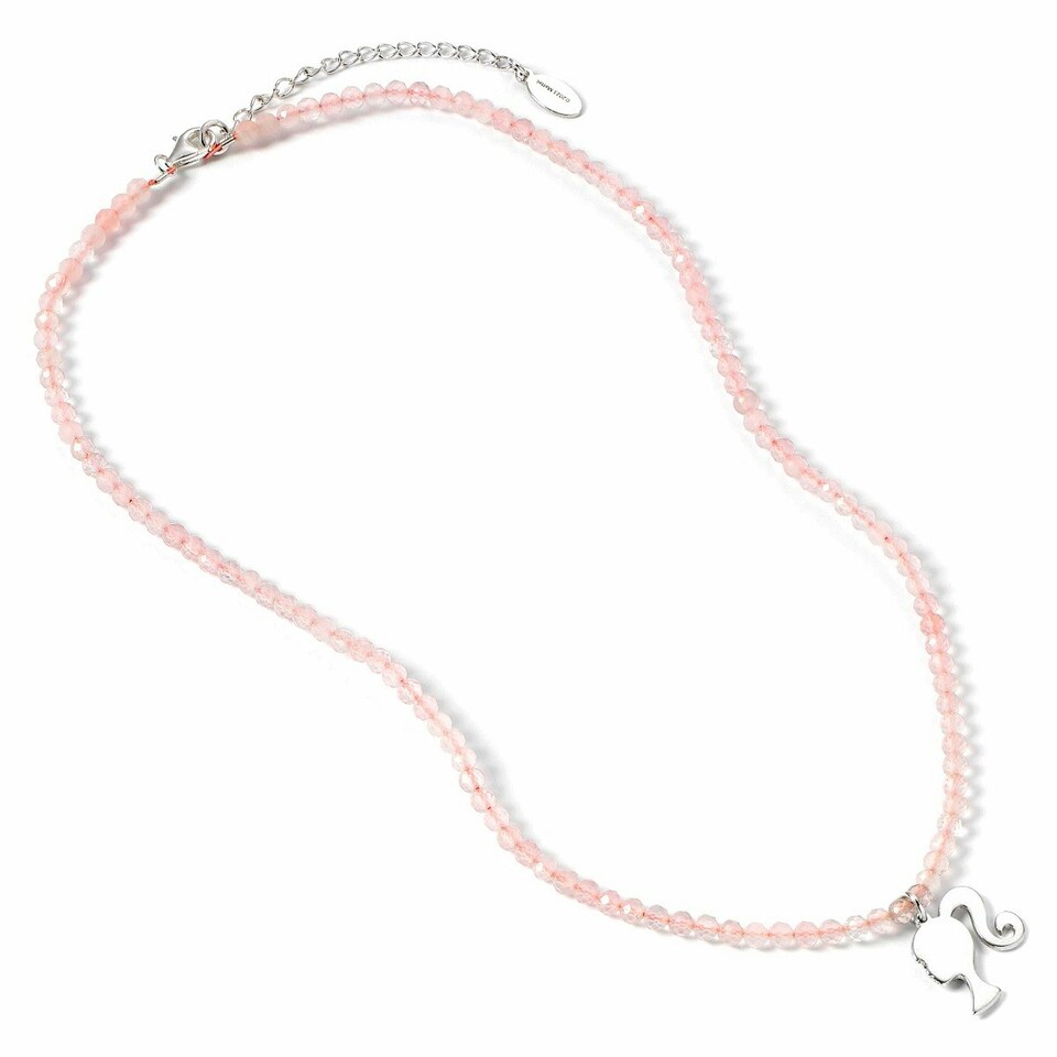 image 1 of Barbie Sterling Silver Silhouette Charm on a Rose Quartz Bead Necklace
