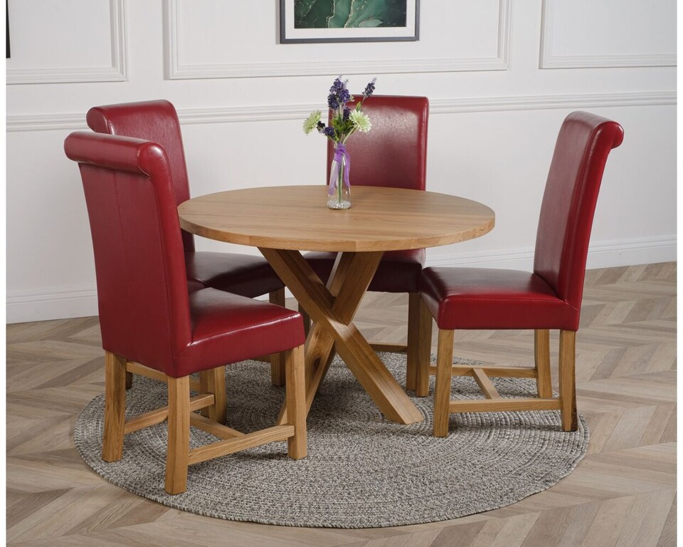 image 1 of Oregon Round Oak Dining Table and 4 Washington Leather Chairs | Red | Red | 1