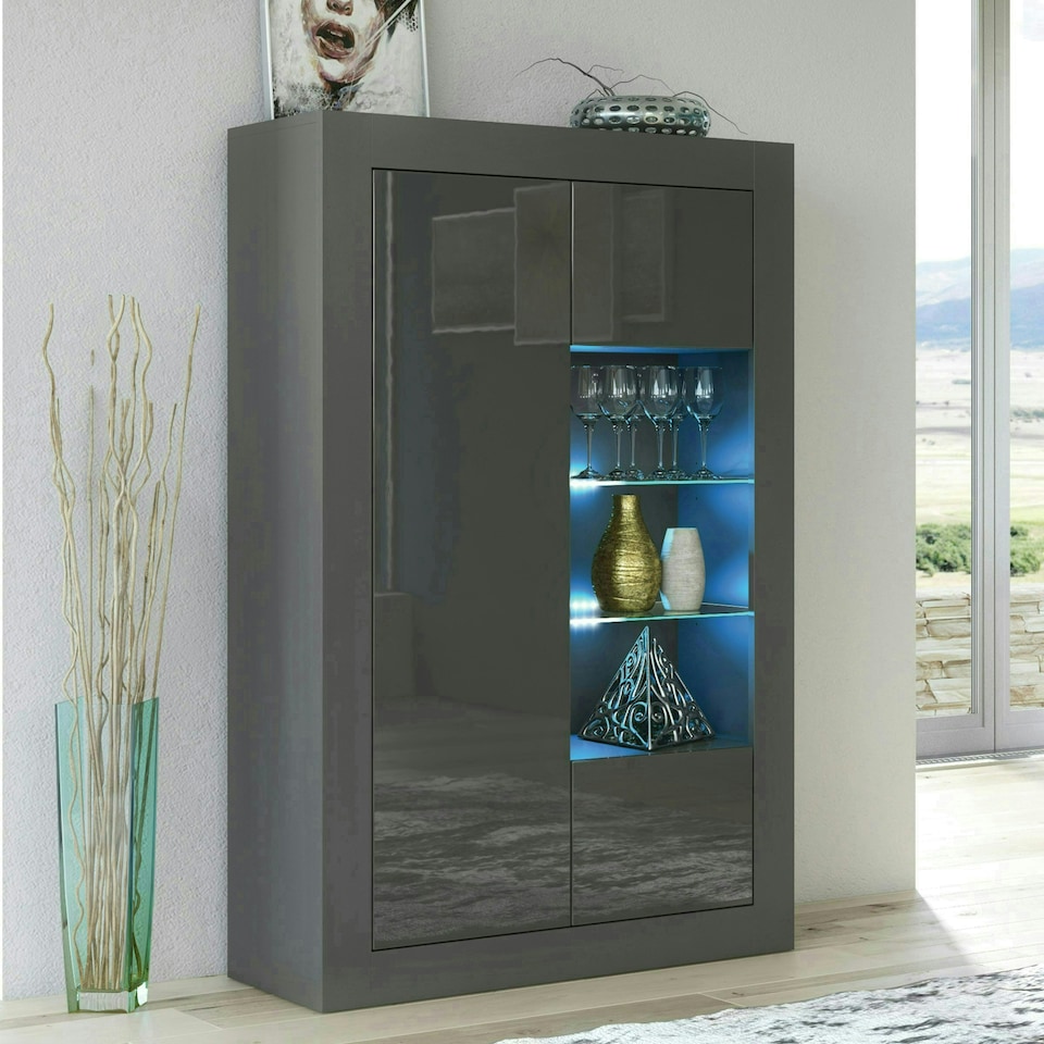 image 1 of Display Cabinet 93cm Grey Gloss Doors Dark Matt Body Free LED | Grey