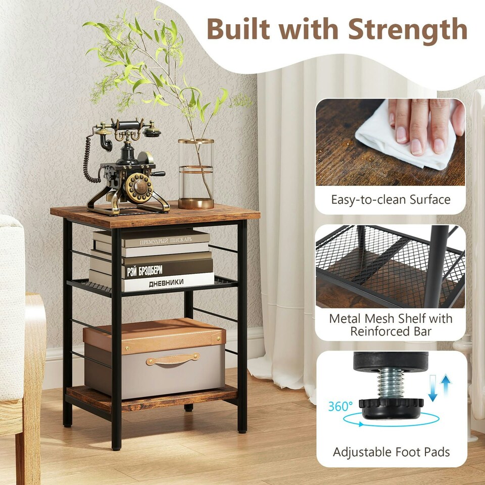image 1 of COSTWAY 2PCS End Table Height Adjustable 3-Tier Side Table Brown