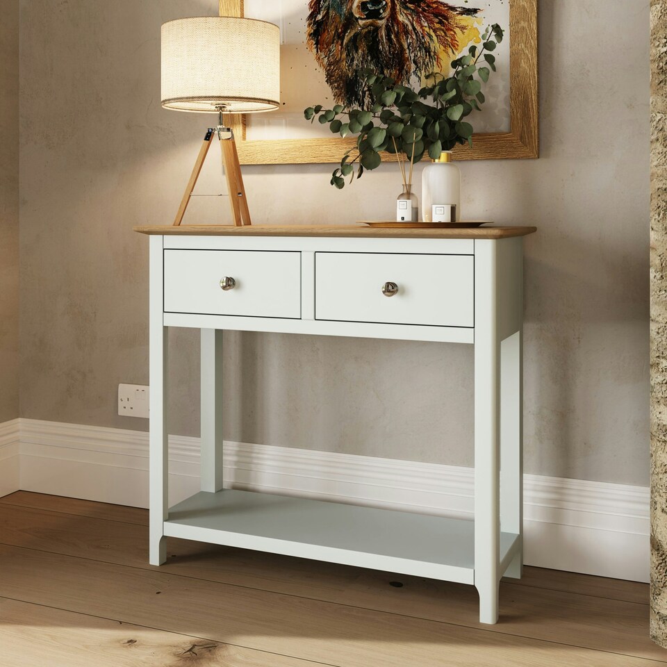 image 1 of Taberno Oak 2 Drawer Console Hallway Table Linen White White