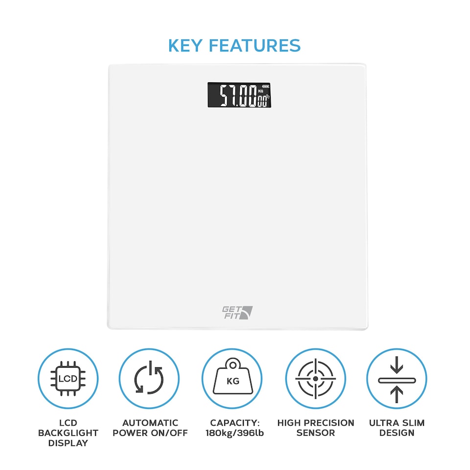 image 1 of Get Fit Bathroom Scales - Monitor Weight Loss - Digital Weighing Scale with High Precision Strain Gauge Sensor, LCD Display & Automatic On/Off - White