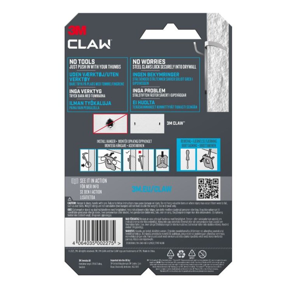 image 1 of 3M CLAW Drywall Picture Hanger 4 Pack, 7kg Capacity