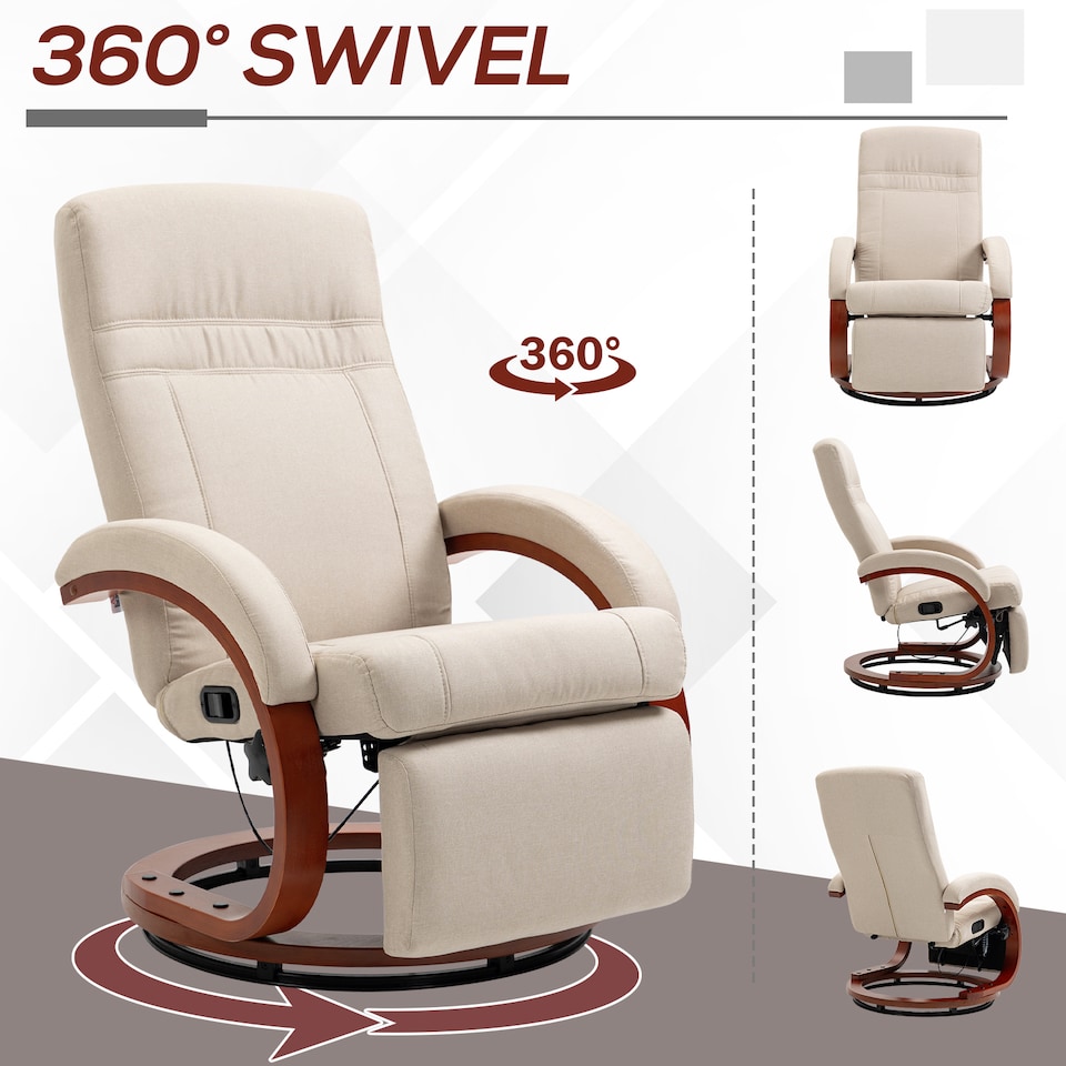 image 1 of HOMCOM Swivel Recliner Chair with Footstool and Wood Base, Manual Reclining Chair for Living Room, Bedroom, Beige