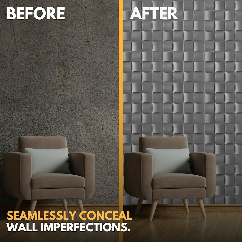 image 1 of NOVECRAFTO Lattice Effect 3D Wall Panels – 6 Sheets Covering 1.5m² | 16.15ft² Interior Cladding Set | Square Grid Design – Each Panel 50x50cm | Grey