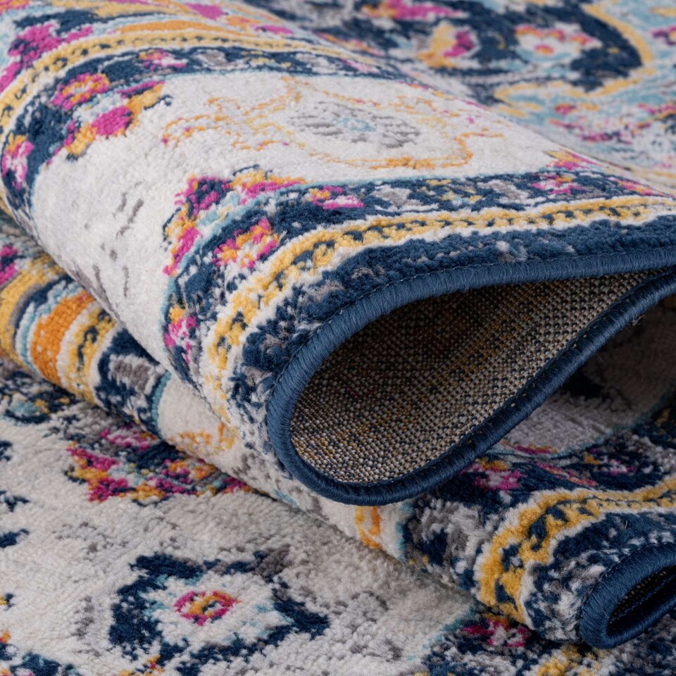 image 1 of The Rugs Marrakech Collection Pink and Navy Distressed Medallion Living Room Floor Rug and Runner | 440