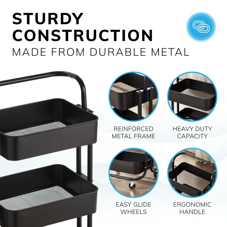 image 1 of House of Home 3 Tier Storage Cart On Wheels Home Kitchen Office Bath-Bedroom Organiser Black | Black