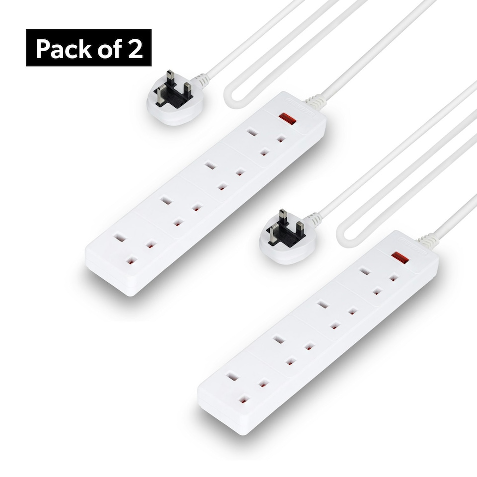 GEEPAS 4 Gang Extension Lead, 1M Cable | White Pack of 2