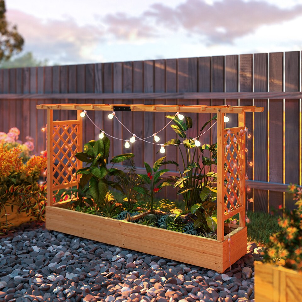 image 1 of Outsunny Raised Bed for Garden with Trellis, 200 x 44 x 113.5 cm, Natural | Brown