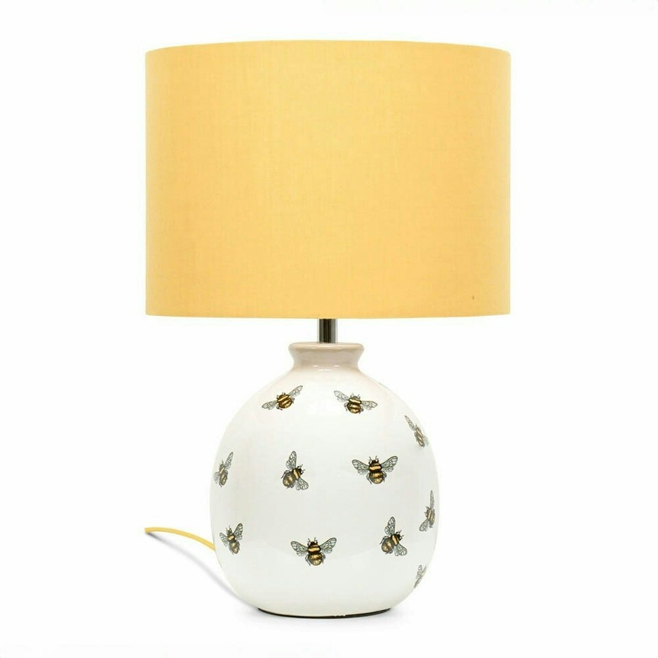 image 1 of ValueLights Bumble Bee Ceramic Bedside Table Lamp with a Yellow Fabric Lampshade - Bulb Included
