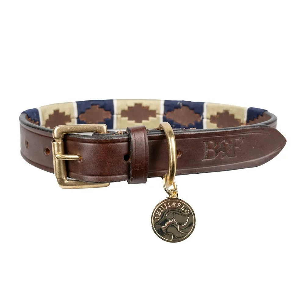 image 1 of Benji & Flo Sublime Polo Leather Dog Collar - Navy/Fossil - XL