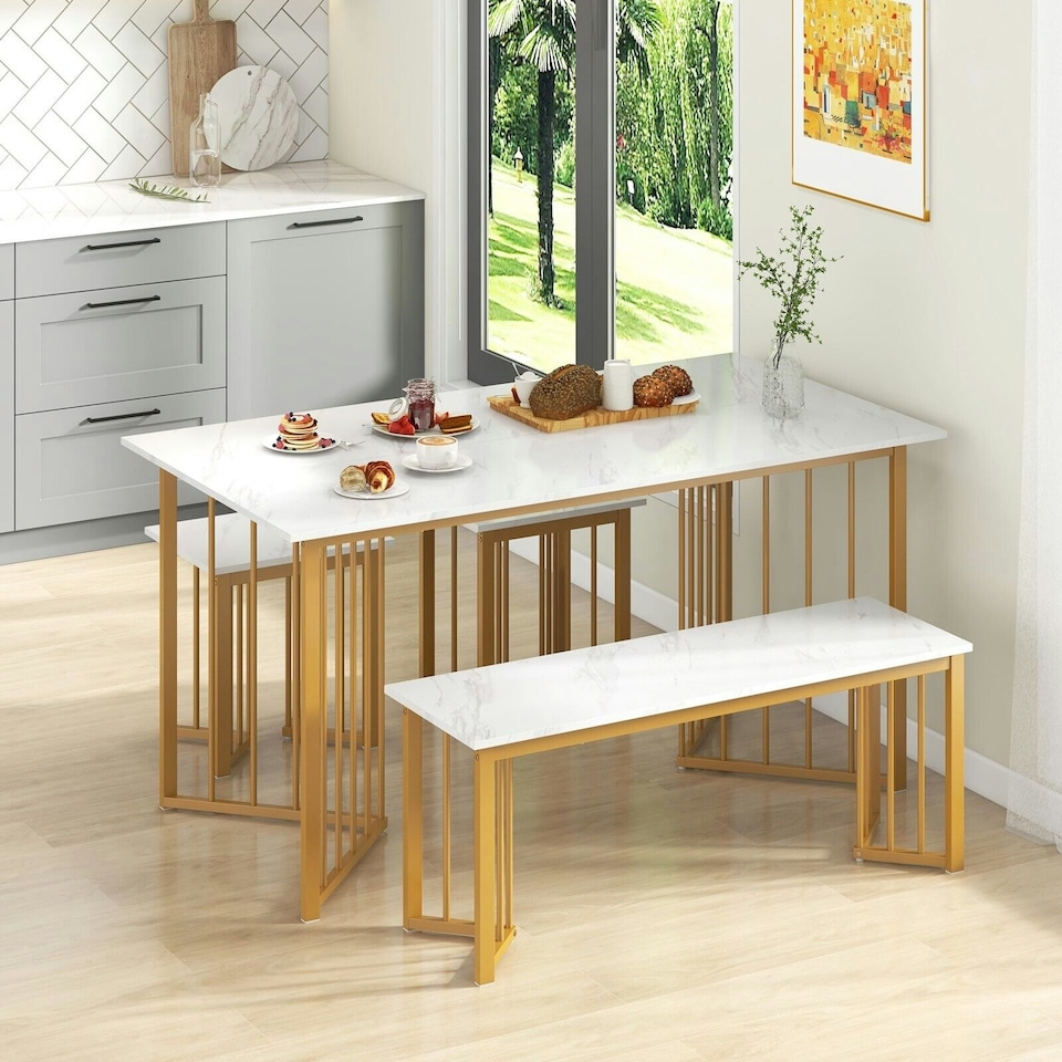 image 1 of COSTWAY 4 Piece Dining Table Set Kitchen Table Bench & 2 Stools White