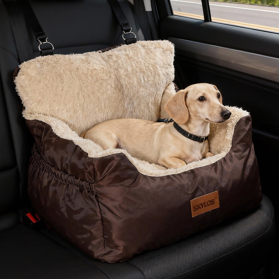 image 1 of Skylos Dog Car Seat Bed Pet Booster Travel Carrier with Safety Leash | Brown | Brown | 1