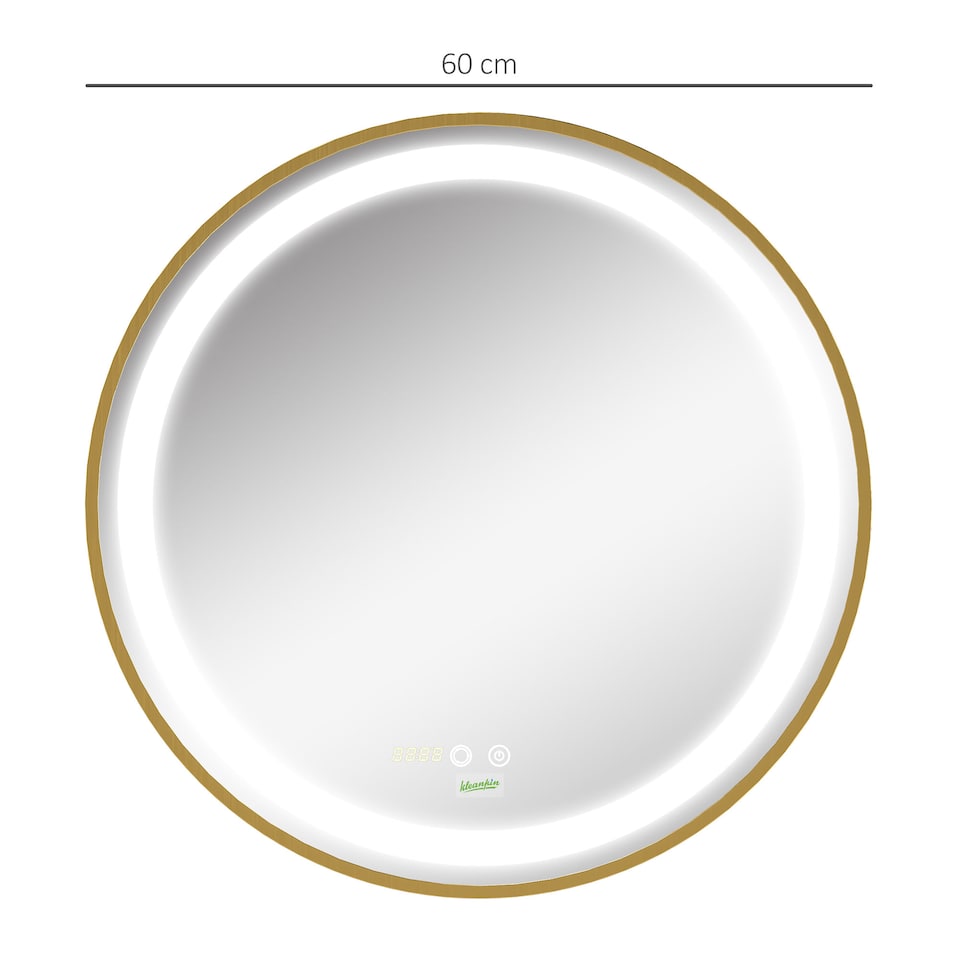 image 1 of kleankin Round Bathroom LED Mirror, Dimmable Lighted Wall-Mounted Mirror with 3 Temperature Colours, Time Display, Memory Function, Hardwired, Gold