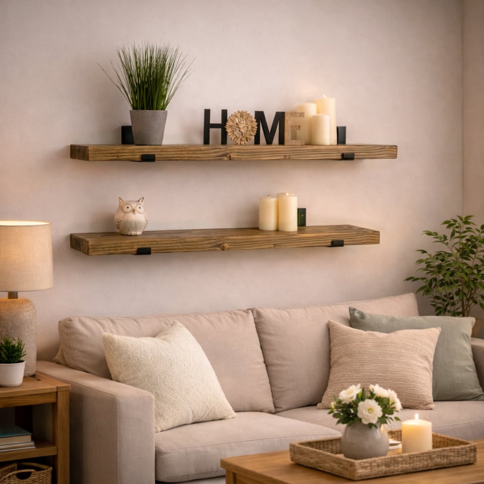 image 1 of MKGT Handmade Tudor Oak Floating Wall Shelf with Steel Brackets, Solid Wood, 60 x 22 x 4.5 cm