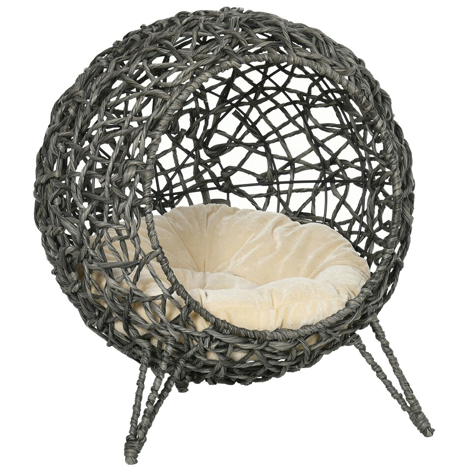 image 1 of PawHut Rattan Elevated Cat House Kitten Bed Pet Furniture w/ Cushion Grey