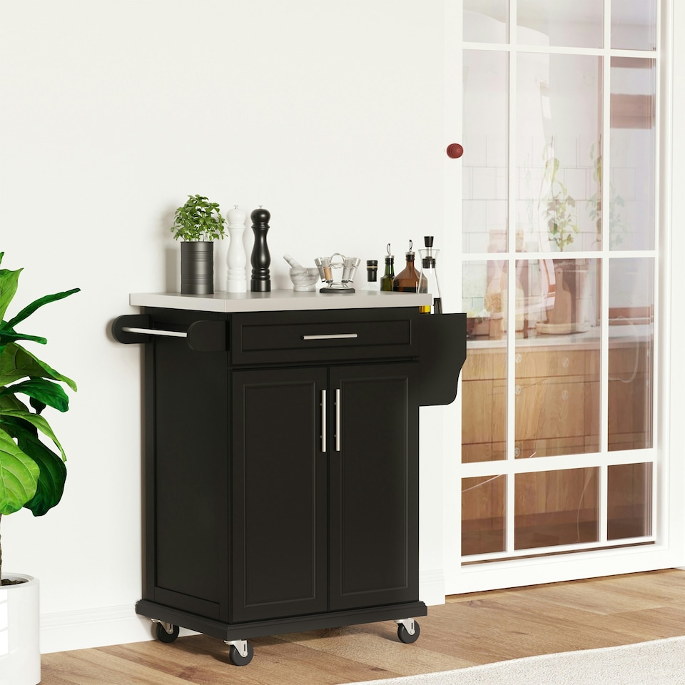 image 1 of HOMCOM Rolling Kitchen Cart Storage Trolley with Drawer Towel Rail Steel Black