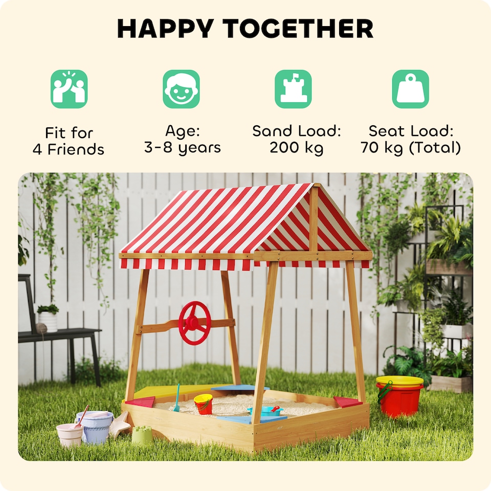 image 1 of AIYAPLAY Wooden Kids Sandpit with Canopy, Seats, Rudder & Bottom Liner