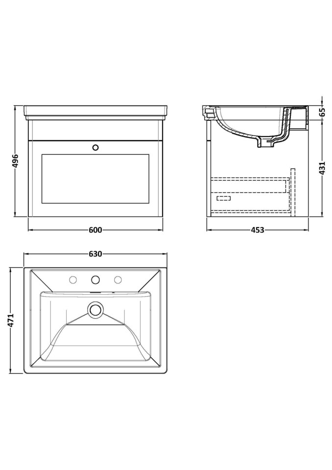 image 1 of Balterley Swynnerton Traditional 1 Drawer Wall Hung Vanity Unit with Basin, Satin Grey, 600mm