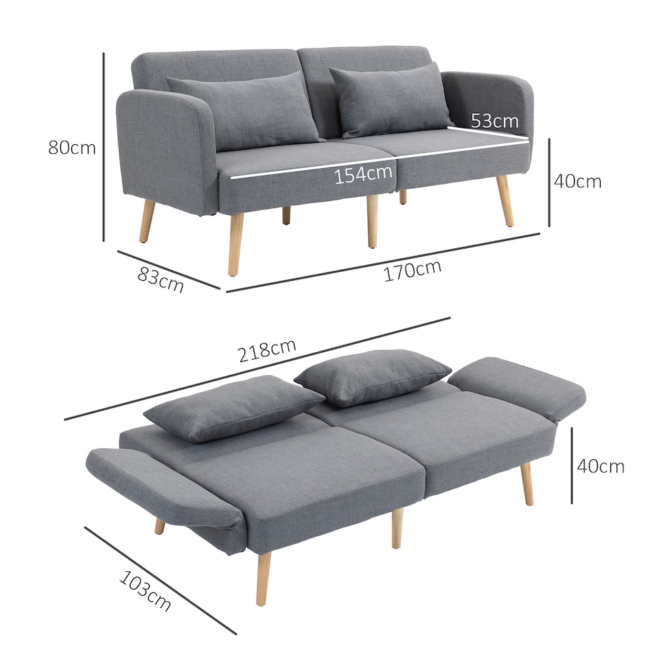 image 1 of HOMCOM Click Clack Sofa Bed, 3 Seater Sofa, Convertible Bed Settee, Modern Fabric Loveseat Sofa Couch with 2 Cushions for Living Room, Guest Room, Grey