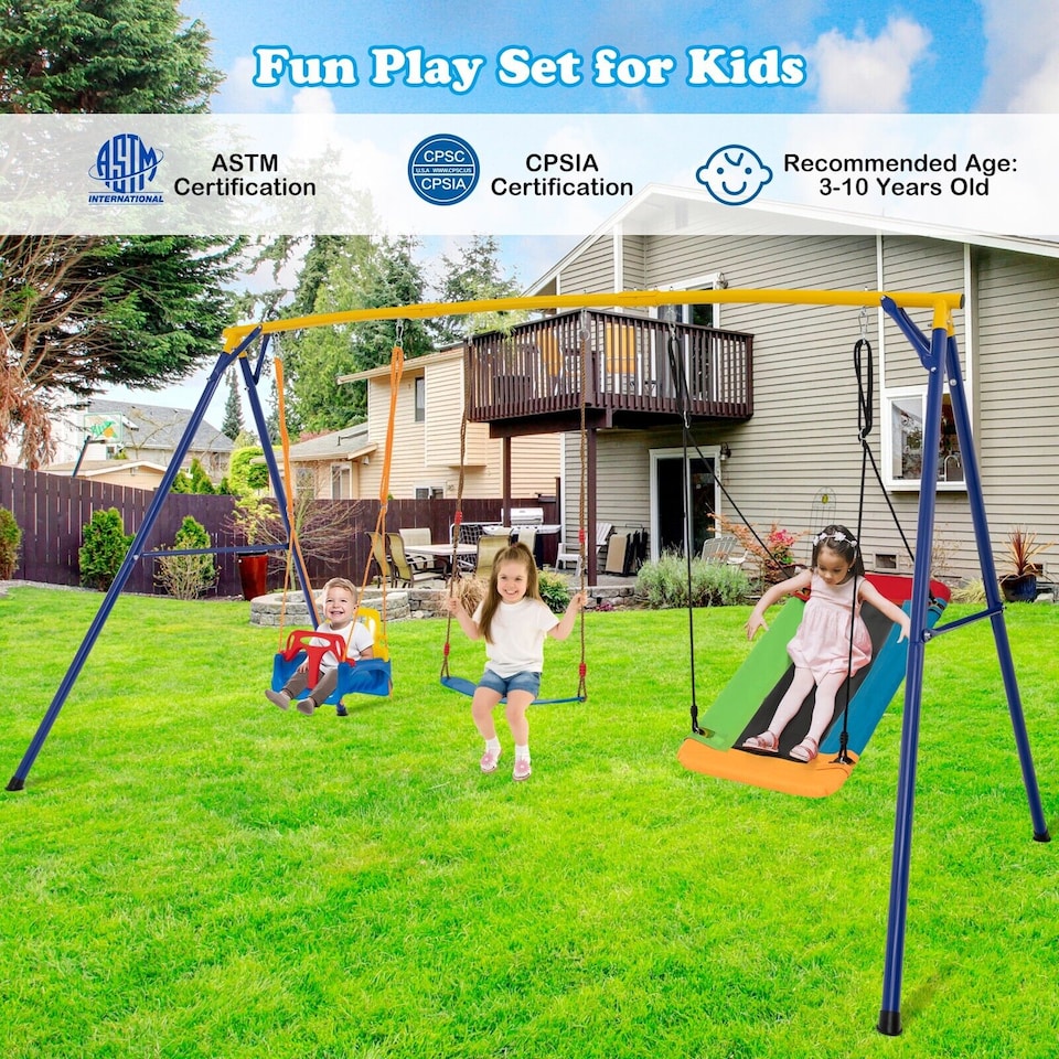 image 1 of COSTWAY 300 kg Heavy Duty Swing Set Backyard Kids Swing Set Indoor & Outdoor Playset