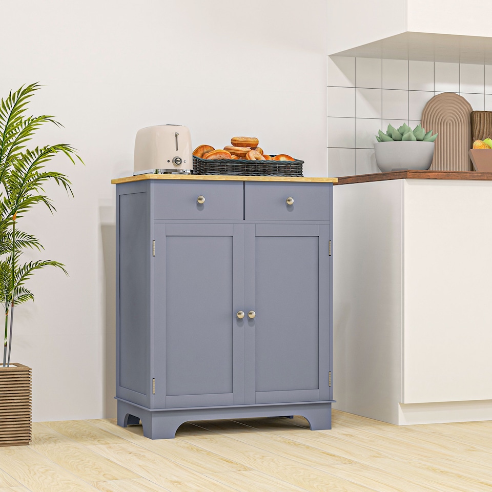 image 1 of HOMCOM Rubber Wood Top Kitchen Side Cabinet with Adjustable Shelf, Grey
