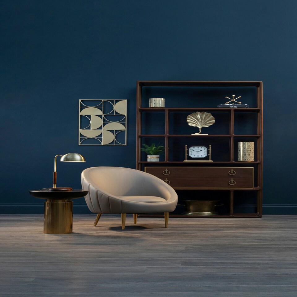 image 1 of Muted Brown Faux Leather Armchair,Sturdy Curved Silhouette Ocassional Chair,Gold Finished Lounge Chair Brown