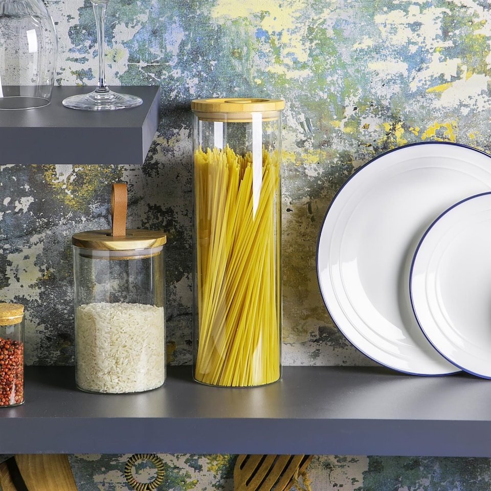 image 1 of Argon Tableware Glass Storage Jar - Carved Wood Lid - 2 Litre - Modern Round Scandi Organisation Container Glass Jar