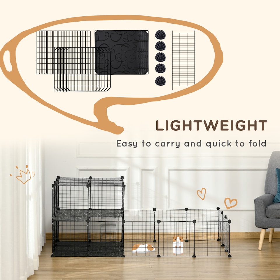 image 1 of PawHut Pet Playpen with Door, Guinea Pigs Metal Mesh Cage, Customizable Fence for Small Animal, Chinchilla, for Indoor and Outdoor Use, with Mallet, Black