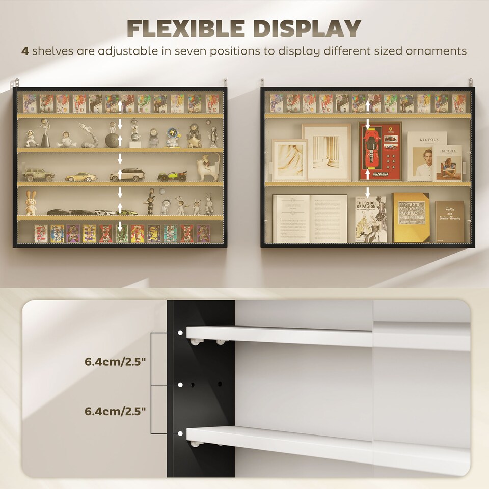 image 1 of HOMCOM 5-Tier Wall Display Shelf Cabinet with Glass Doors, Black and White | Multi | Black with white shelves | Overall size: 80W x 9.5D x 60H cm