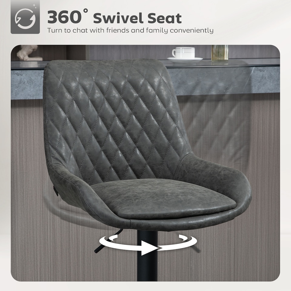 image 1 of HOMCOM Breakfast Bar Stools Set of 2 with 51x40cm Wide Seat, Height Adjustable Kitchen Counter Chairs, Retro Swivel Upholstered Barstools with Back, Footrest and Steel Base, Dark Grey