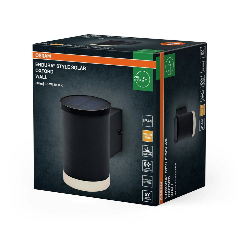 image 1 of Osram ENDURA Style Solar Oxford Outdoor Wall Light 0.5W 50lm | Black