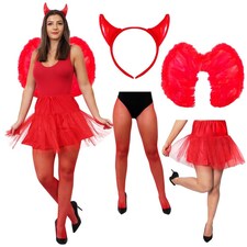 Devil Costume Set - Red Horns, Wings, Tights & Skirt | Red | One Size