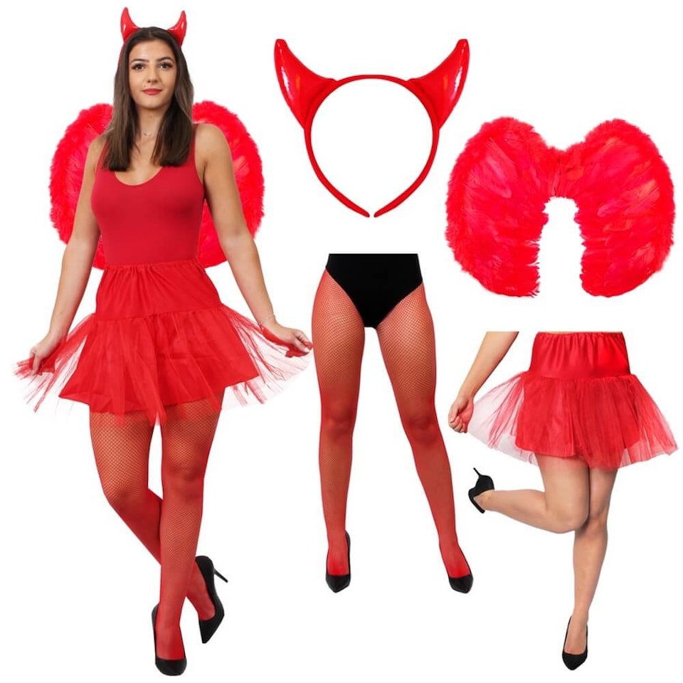 image 1 of Devil Costume Set - Red Horns, Wings, Tights & Skirt | Red | One Size