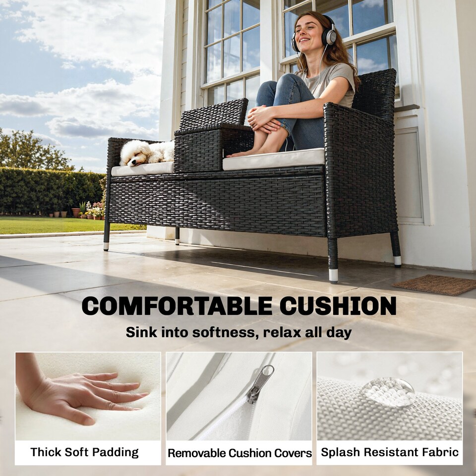 image 1 of Outsunny 2 Seater Rattan Sofa with Cushions, Wicker Garden Loveseat with Armrests, Outdoor Garden Sofa Couch with Metal Frame for Patio, Black | Black | Black | One Size