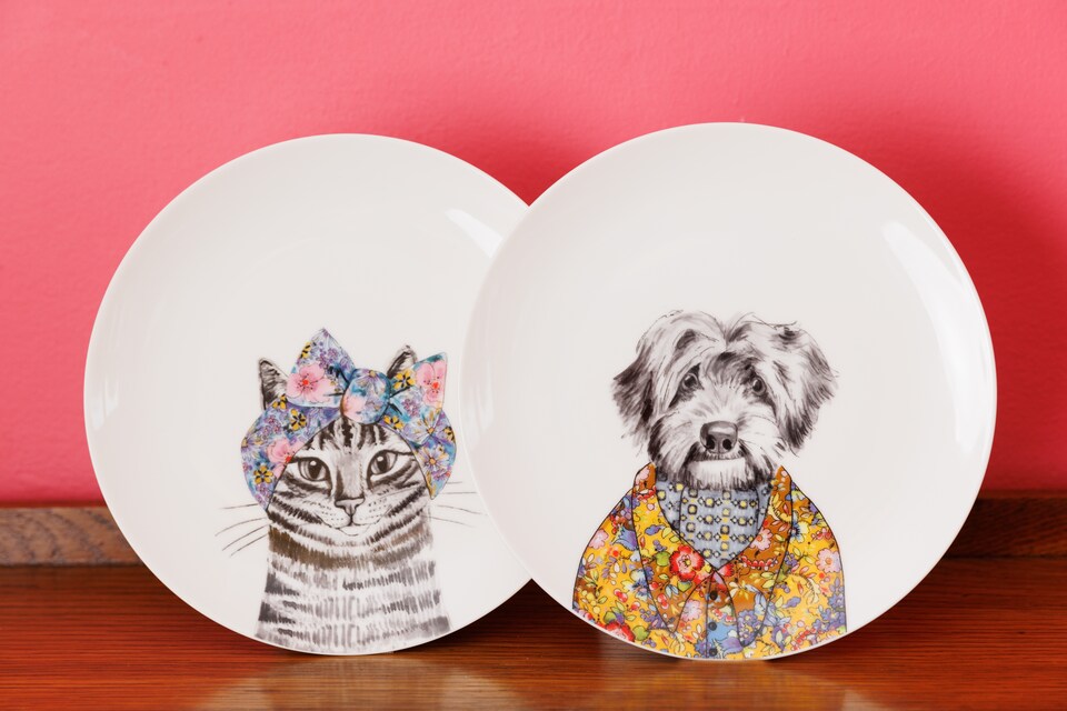 image 1 of Mikasa TipperleyHill Set of 2 Fine China Side Plates with Cat and Dog Prints