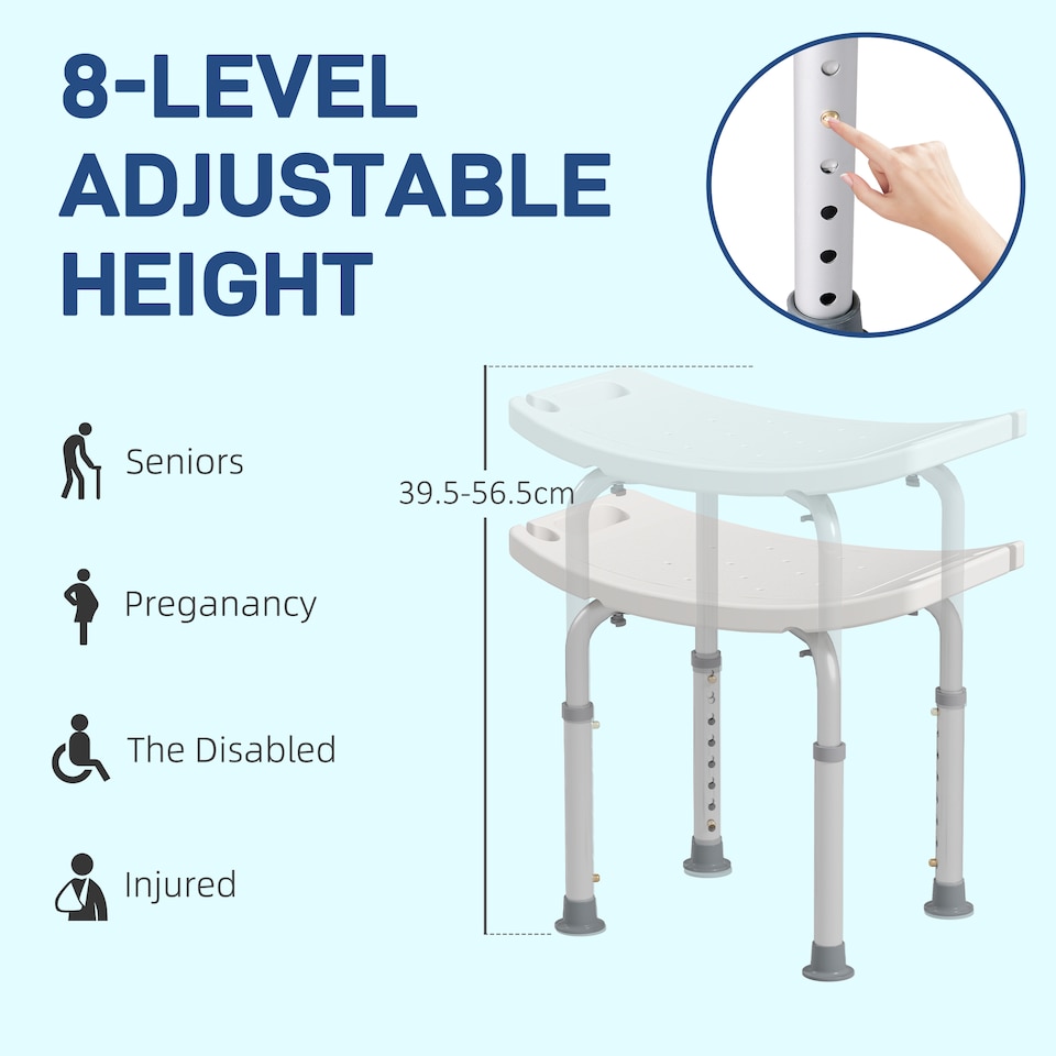 image 1 of HOMCOM Height Adjustable Shower Stool, Aluminium Shower Chair, Non-Slip Bath Stool for Elderly, Disabled, Seniors, Pregnant, White