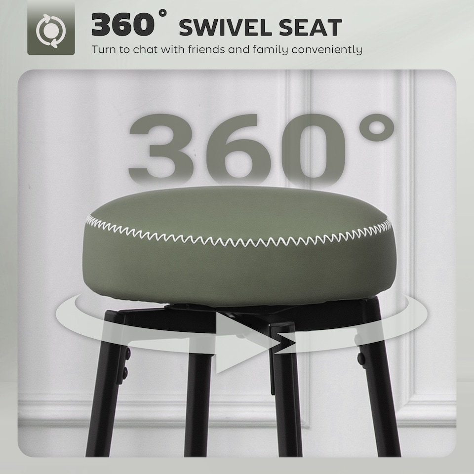image 1 of HOMCOM 360 Degree Swivel Bar Stools Set of 2, Kitchen Counter Stools with Footrest, Faux Leather with Stitching, Modern Barstools for Breakfast Island, 69 cm Tall, Green | Green | Green