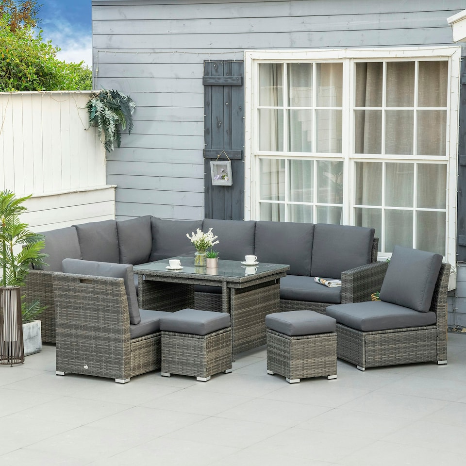 image 1 of Outsunny 10-Seater Sofa Sectional w/ Cushioned Seat, Footstools and Glass Table