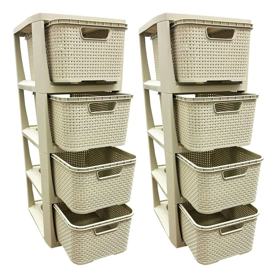 image 1 of 1 x 4 Drawer Cream Rattan Effect Commode Stylish Home Office Storage Tower Unit Cream