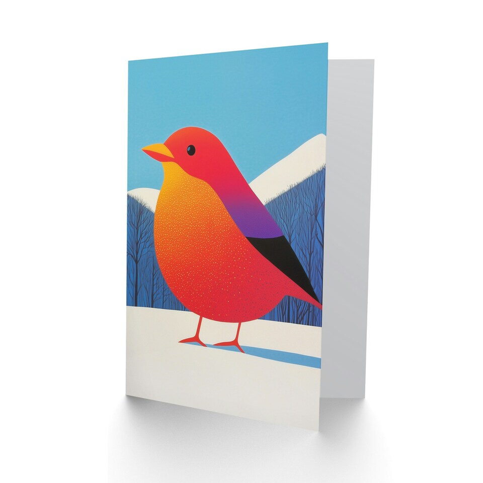 image 1 of Greeting Card Funky Robin Bird In Snow Winter Landscape Modern Blank For Him Or Her Art Xmas Christmas Card