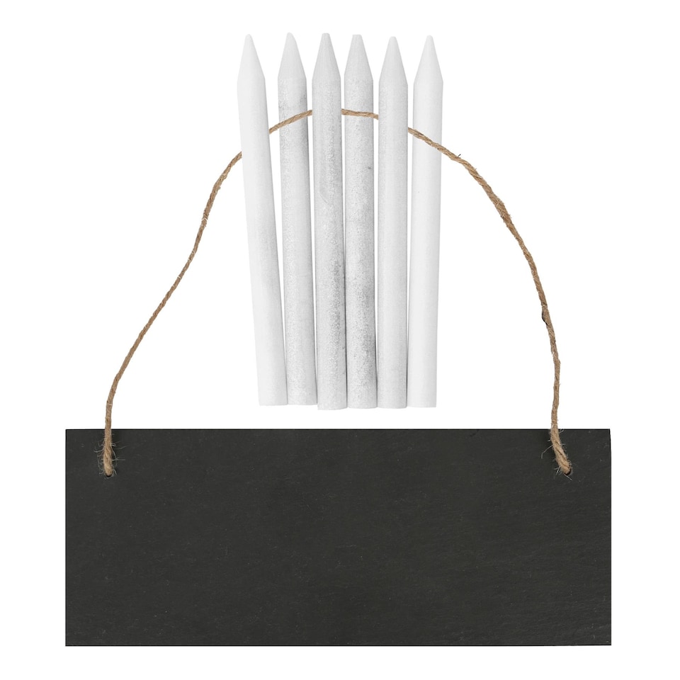 image 1 of Nicola Spring Rectangle Slate Memo Board with Rope & Chalk Pencils - 25cm x 10cm - Black