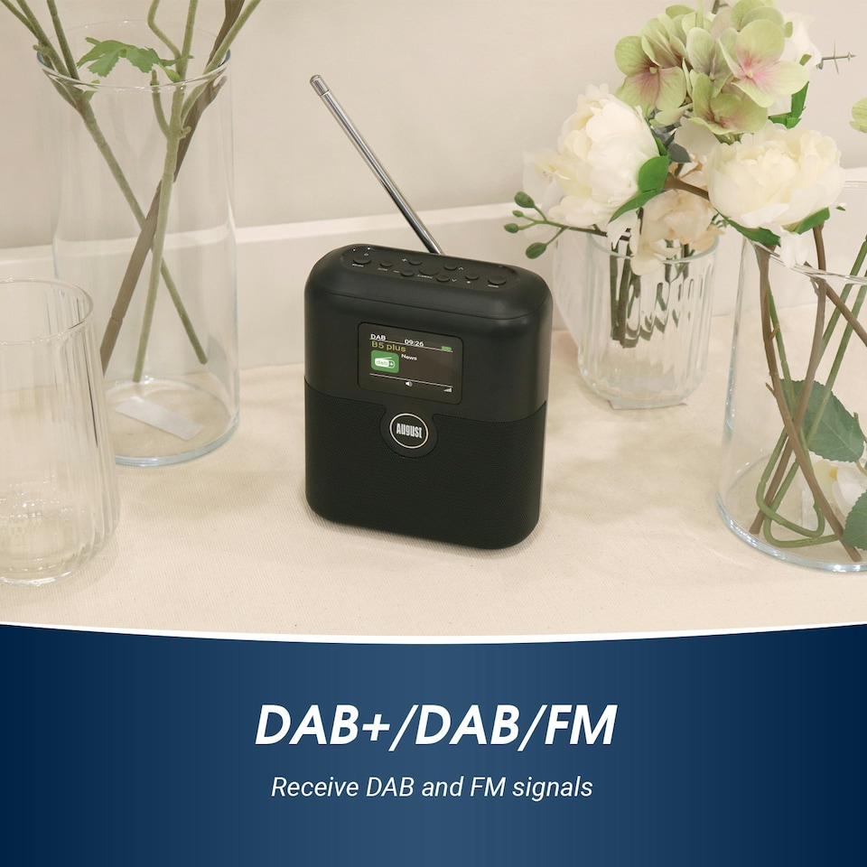 image 1 of Rechargeable Bluetooth Speaker with DAB/DAB+/FM Radio, Dual Alarm Clock, Colour LCD Screen for Bedside, Kitchen, Office, or Outdoors– August MB330B