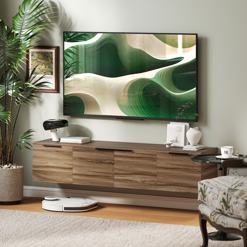 image 1 of HOMCOM Floating TV Unit, 150 cm Wall Mounted TV Stand Cabinet with Shelves and Doors, Entertainment Media Console for Living Room, Bedroom, Rustic Brown