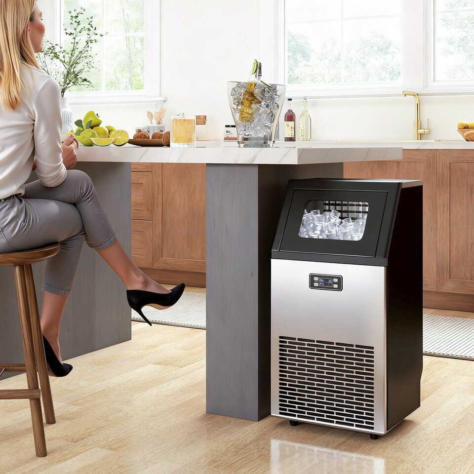 image 1 of HOMCOM Commercial Ice Maker Machine, Freestanding Stainless Steel Ice Machine with Self-Cleaning, LCD Display, 45kg 24 Hours and 11kg Storage for Home, Office, Bar, Restaurant