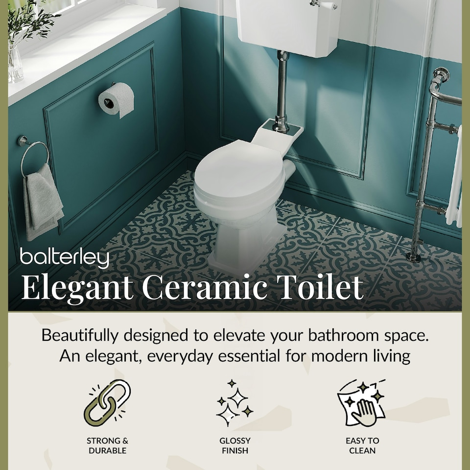 image 1 of Kinston Traditional Mid Level Toilet Pan, Cistern, Ceramic Handle & Soft Close Seat - White - Balterley