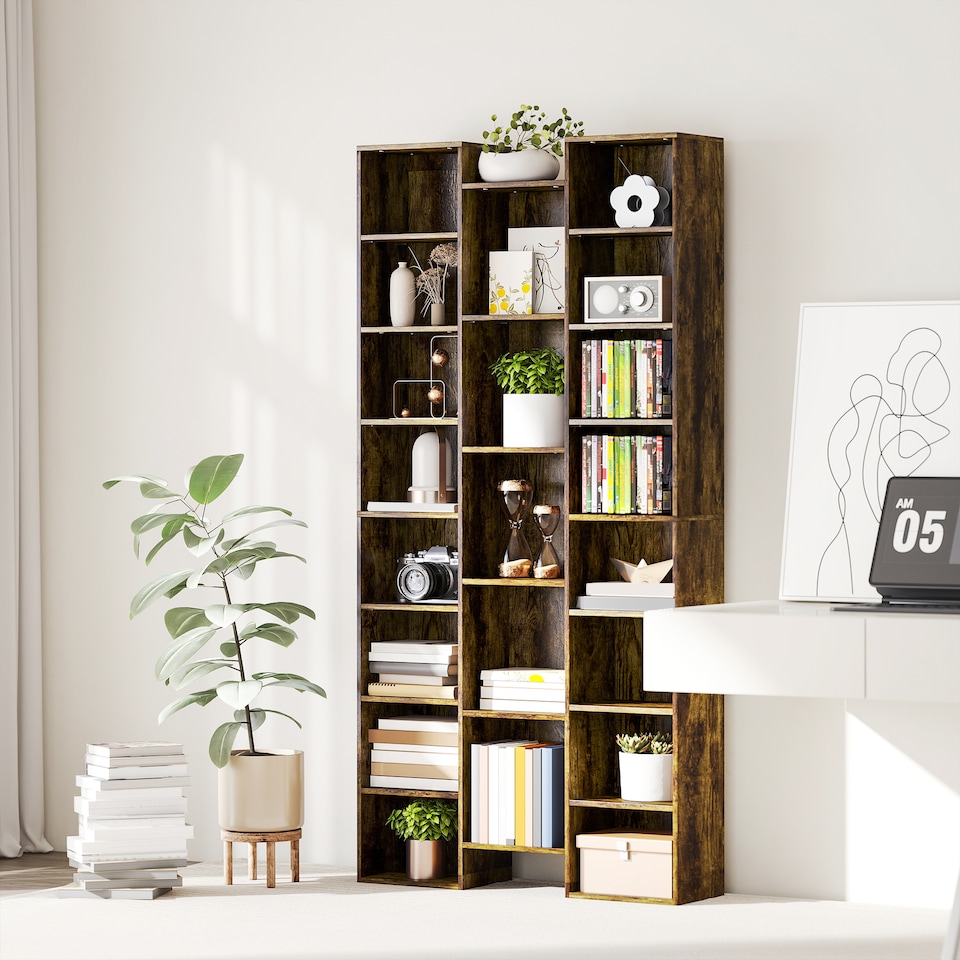 image 1 of HOMCOM 21-Cube Tall Bookcase, Modern Cube Book shelf with 10 Adjustable Shelves, Freestanding Multi-Functional Storage Unit for Living Room, Home Office, Bedroom, 181 x 89.5W cm, Rustic Brown | Brown | Rustic Brown